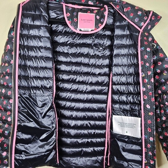 Kate Spade Black & Multicolor Floral Print Zip-Up Puffer Jacket large - Picture 9 of 11